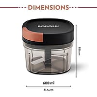 Borosil Chopper with 3 Blades, Pull Chopper with Durable String, Mini Chopper for Kitchen, For Chopping Vegetables, Leafy Greens & Herbs, BPA-free, Unbreakable 600 ml Chopping Bowl