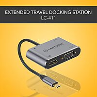 Lapcare LC‑411 Lap‑C 4‑in‑1 docking station: USB 3.0 port, USB‑C PD passthrough, HDMI & VGA video output, plug‑and‑play, lightweight aluminium build.