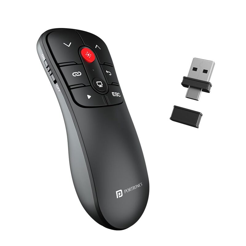 Portronics SlideMate Presenter – Features a red laser pointer, dual plug for USB and Type-C connectivity, compact design, easy navigation for presentations, perfect for professionals and educators.
