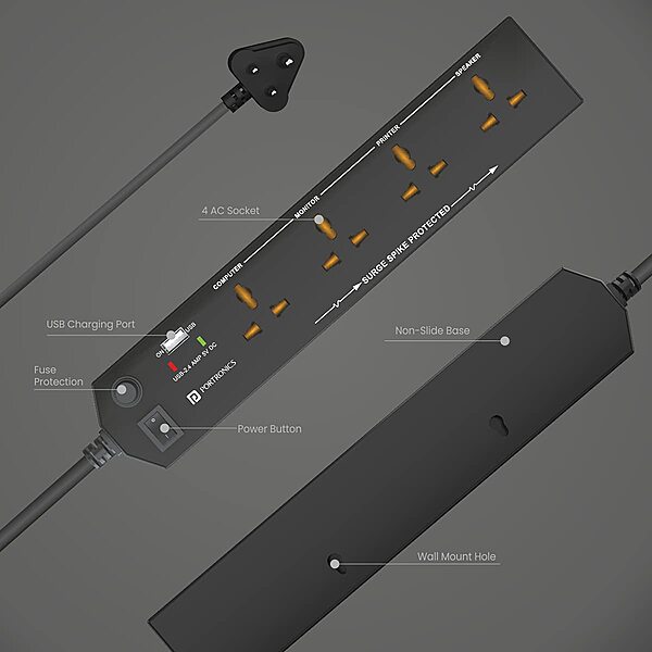 Portronics Power Plate 4 is a versatile extension board featuring 4 AC sockets and 2 USB ports. Ideal for home or office use, it ensures efficient power distribution and device charging.