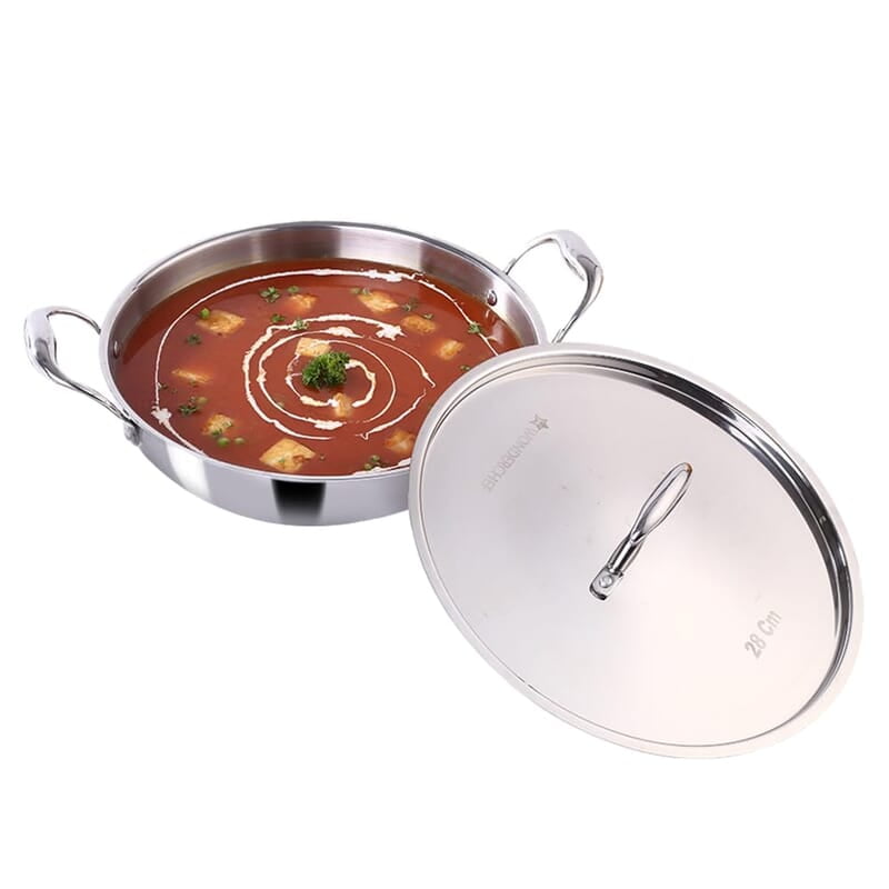 Wonderchef Nigella Tri-Ply Stainless Steel 28cm Kadhai with Lid 4.1 Litres 2.6mm Thickness