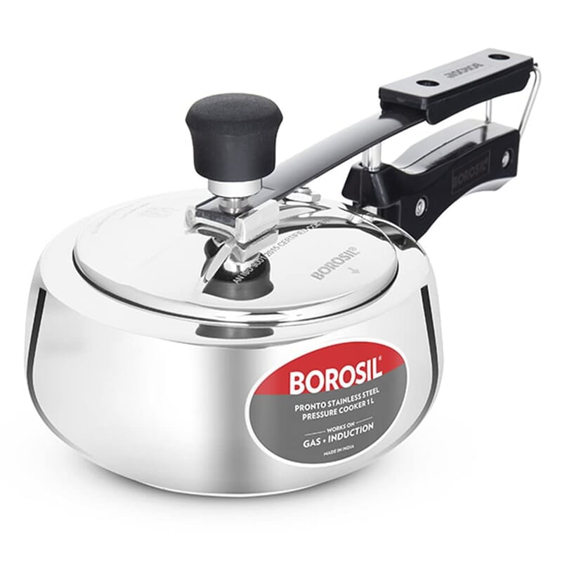 Borosil Pronto Induction Base Inner Lid Stainless Steel Pressure Cooker, 6.8 mm Thick Base, 1 L