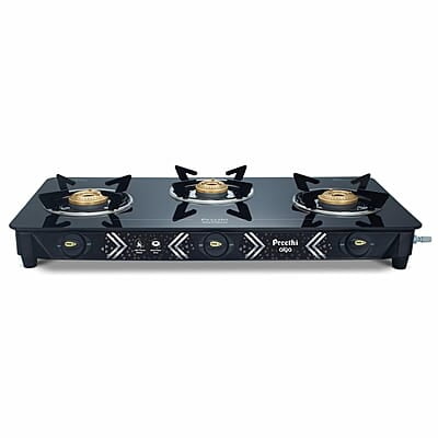 Preethi Alya Glass Top 3 Burner Gas Stove, Manual Ignition
