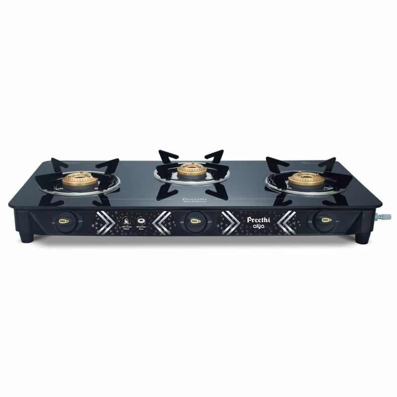Preethi Alya Glass Top 3 Burner Gas Stove, Manual Ignition