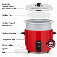 Borosil Pronto Dual 1.8 L Electric Rice Cooker with 2 Pot | 700W, Keep Warm Feature with Indicator Display, Anti Skid Rubber Feet | Cook & Boil Noodles, Rice, Upma, Idli, Dhokla | 2 Years Warranty