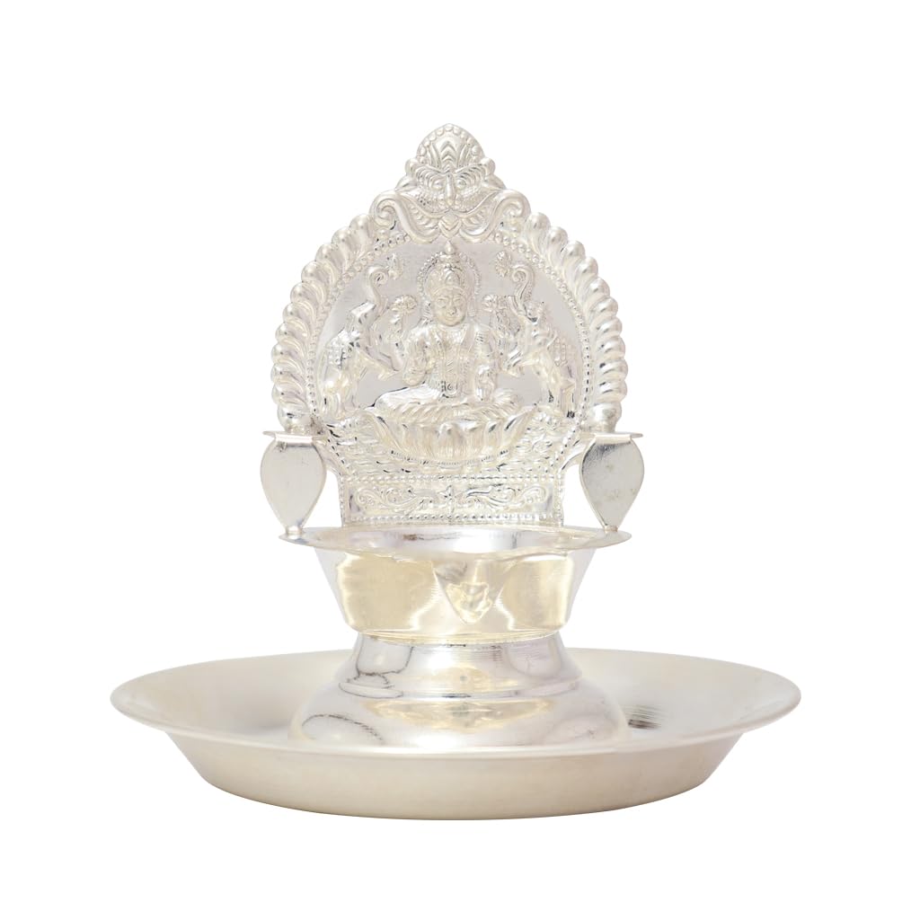 Sterling Silver Kamakshi Diya with Plate | Lakshmi Deepak for Home Temple & Pooja Gift.