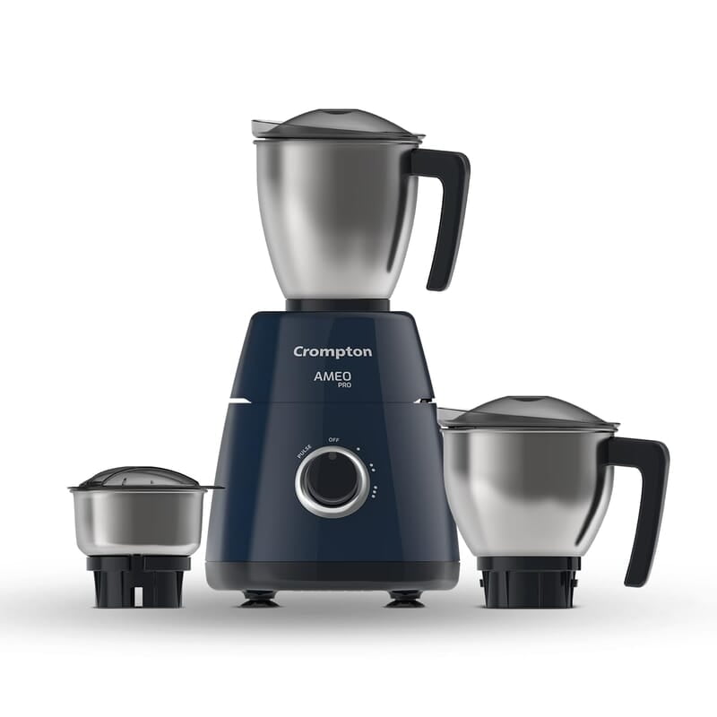 Crompton Ameo PRO 750-Watt 3 Jars Mixer Grinder with MaxiGrind and Motor Vent-X Technology (3 Stainless Steel Jars, Black & Blue)