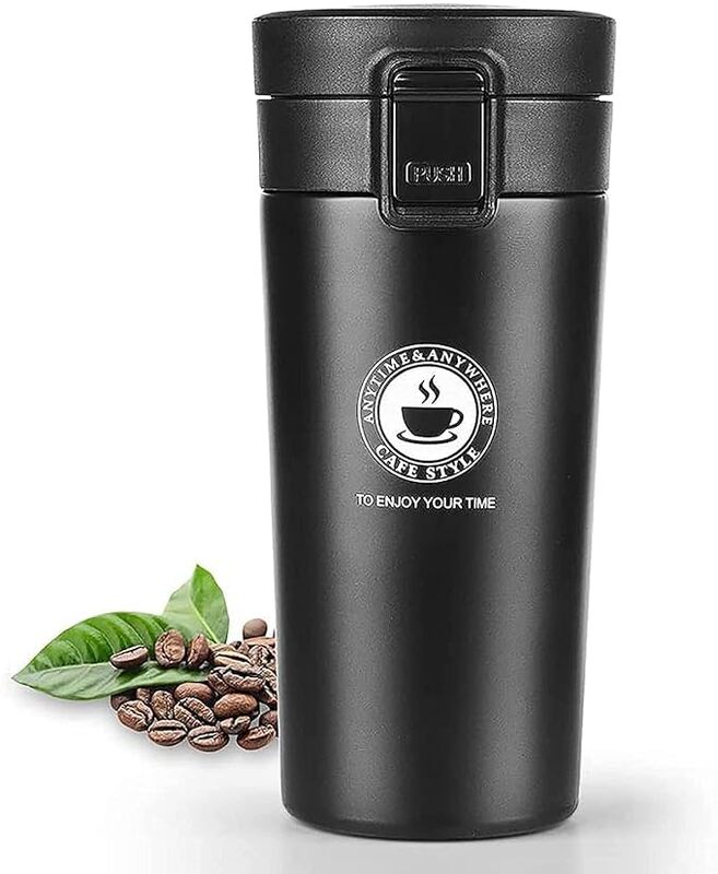 Coffee Travel Mug with Push-Button Lid, Stainless Steel, Red (Black)