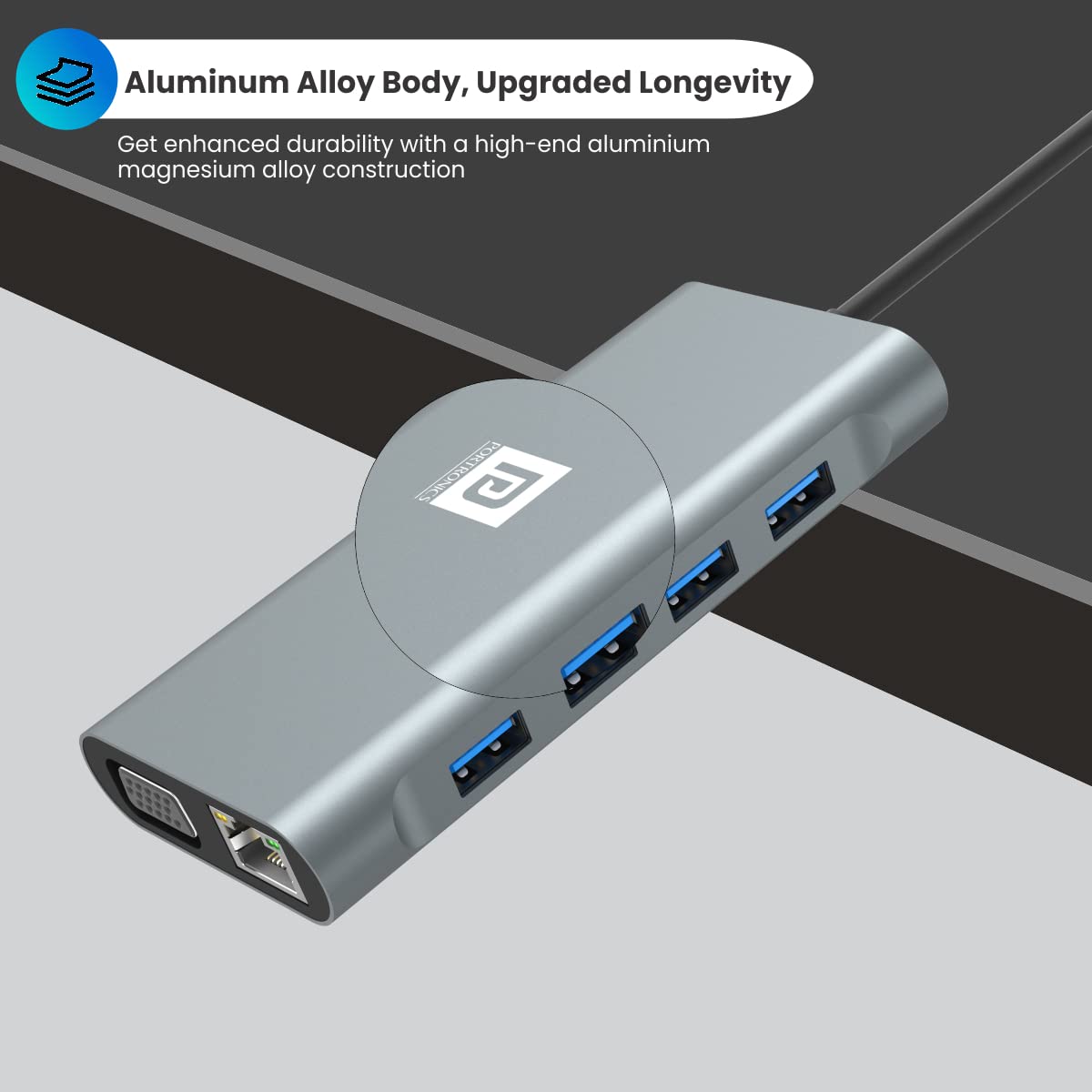Portronics Mport 11C – 11-in-1 USB-C Hub, featuring 4K HDMI output, Power Delivery, multiple USB ports, SD card reader, and Ethernet, perfect for expanding your device connectivity.