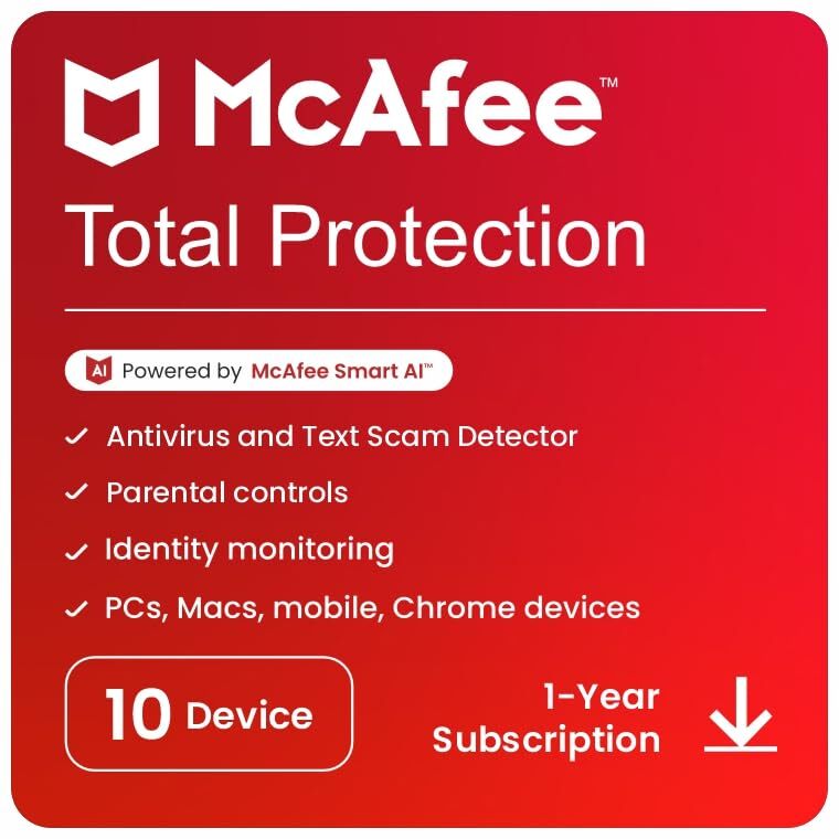 McAfee Total Protection 2024 10 Device 1 Year Antivirus Security