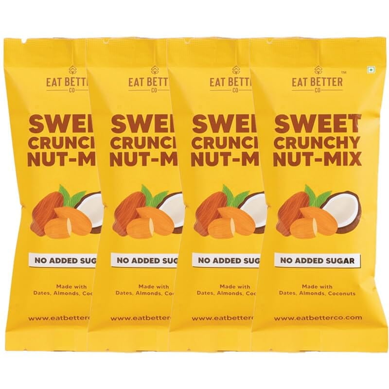 EAT BETTER CO - Better Munch - Sweet Crunchy Nut Mix - Roasted Almonds, Dried Dates and Coconuts. Energizing Healthy Snack - Four Pocket Packs - 160 grams total
