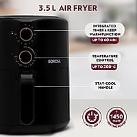 Borosil Best 3.5 L Capacity Air Fryer| 4 in 1 Function | Air Fryer for Bake, Grill, Roast, Reheat etc. | 90% Less Oil | 1450 Watt with 2 Years Warranty