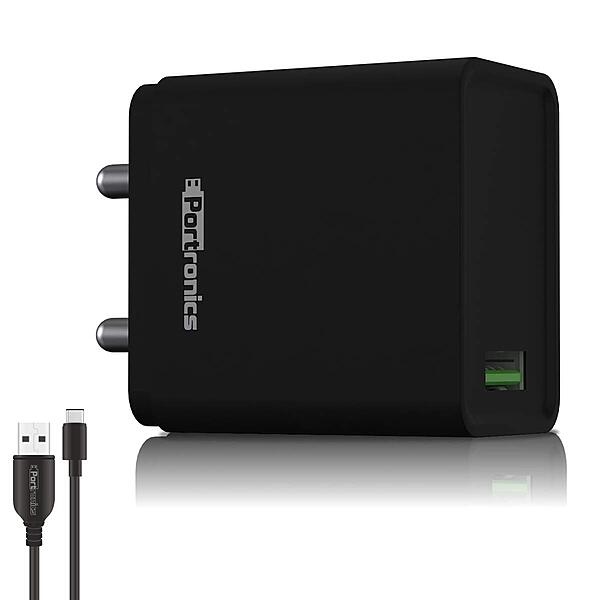 Portronics Adapto One 18W USB Charger! Includes a Type-C cable for fast, efficient charging. Compact design, perfect for home or travel. Stay powered up!