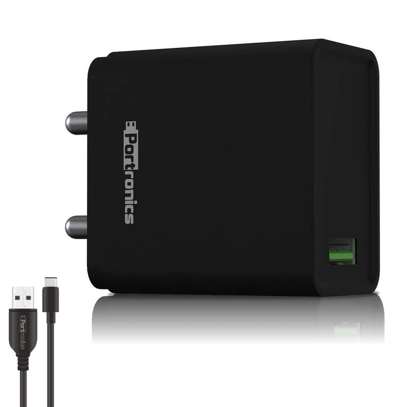 Portronics Adapto One 18W USB Charger! Includes a Type-C cable for fast, efficient charging. Compact design, perfect for home or travel. Stay powered up!