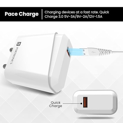 Portronics Adapto 40 M, 18w 3A Mach USB Fast Charging Adaptor,Comes with 1M Micro USB Charging Cable, Single Port Wall Charger for iPhone Portronics Adapto 40 M, 18w 3A Mach USB Fast Charging Adaptor,Comes with 1M Micro USB Charging Cable, Single Port Wall Charger for iPhone