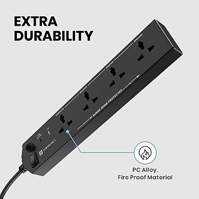 Portronics Power Plate 10 Extension Board – 4 Sockets, 2m Cord, 1500W, 6A, Black