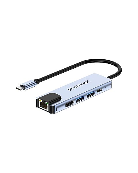 Hammok-ALEX 5-in-1 USB-C Hub features HDMI for 4K video output, RJ45 for stable Ethernet, plus USB-A and USB-C ports for versatile connectivity. Compact design, perfect for on-the-go use!