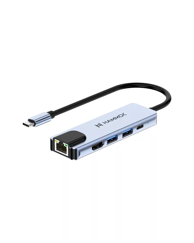 Hammok-ALEX 5-in-1 USB-C Hub features HDMI for 4K video output, RJ45 for stable Ethernet, plus USB-A and USB-C ports for versatile connectivity. Compact design, perfect for on-the-go use!