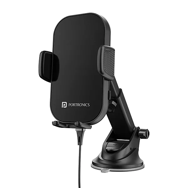Portronics Clamp 3 Wireless Car Charger – 15W Fast Qi, designed for effortless charging on the go. Securely holds your phone while delivering rapid power, ensuring a seamless driving experience.