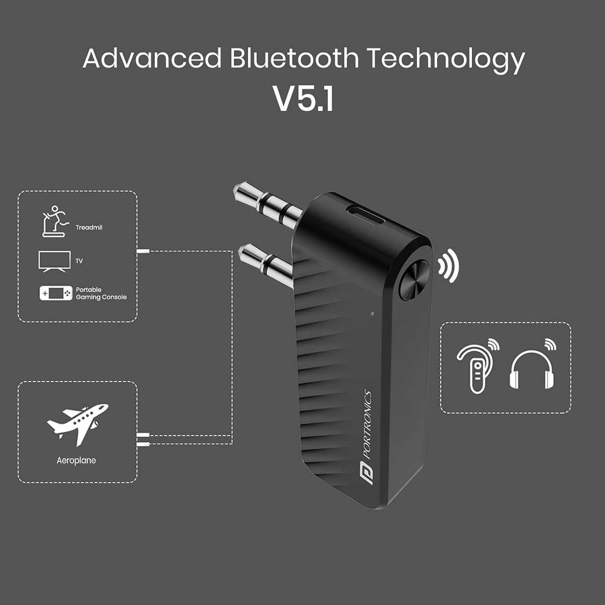 Portronics Auto 16 Bluetooth v5.1 Transmitter | Aux In & Out | Type C Charging | Black