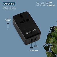 Lapcare LAPEX‑012 multiport charger supports USB‑A & USB‑C with 3.4 A total output. Universal 100–240 V input, built-in safety protections, LED indicator, compact travel design.