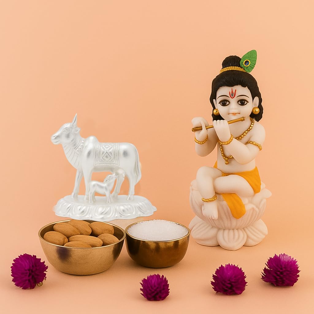 Silver Cow and Calf Idol | Komatha Statue for Pooja & Gifting