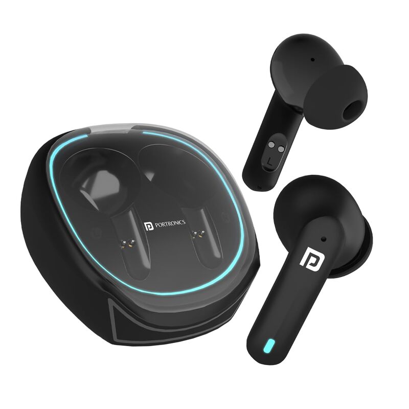 Portronics Twins S11 – Gaming TWS Earbuds, featuring Environmental Noise Cancellation (ENC), immersive sound, low latency, and a sleek blue design for an enhanced gaming experience.