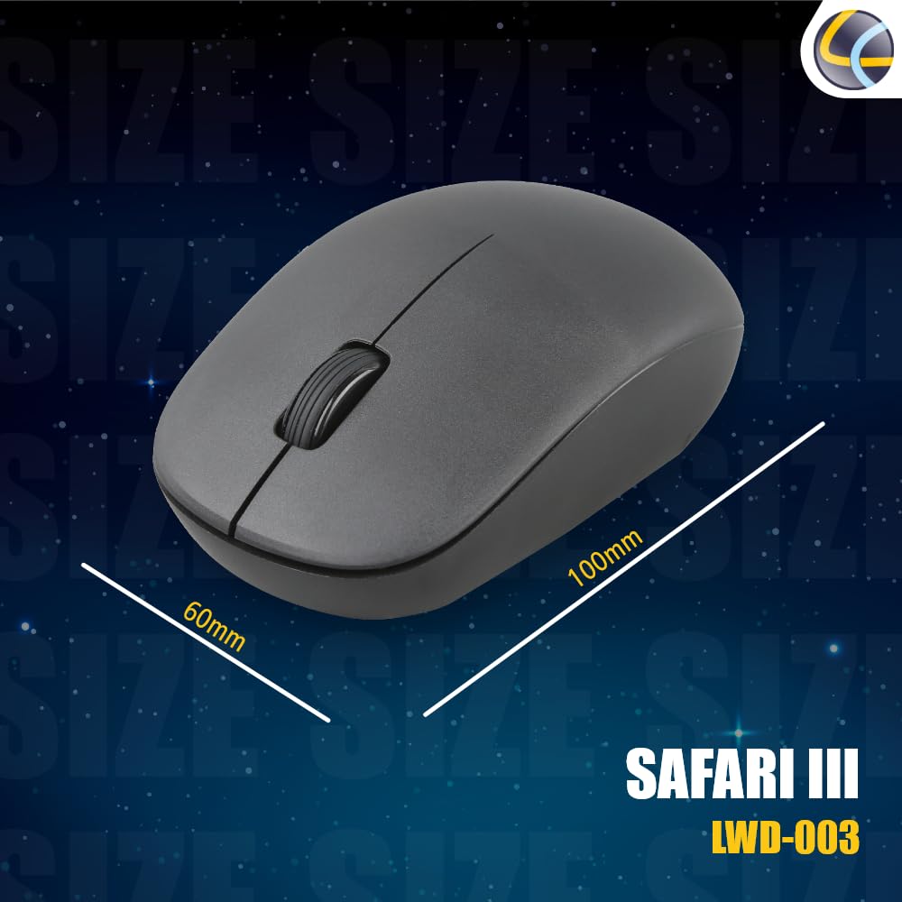 Lapcare Safari III (LWM‑003): 2.4 GHz wireless mouse with 1600 DPI optical sensor, ambidextrous design, plug‑and‑play, tested for 3 M clicks.