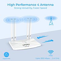 Lapcare W‑III 4G LTE SIM router: 300 Mbps 2.4 GHz Wi‑Fi (802.11b/g/n), Nano‑SIM slot, external antenna, supports up to 32 devices—ideal for home/office backup.
