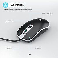 Portronics Toad 21 Wired Optical Mouse – Adjustable DPI | USB Interface | Ergonomic Design | 1.5m Cable | Black | PC & Laptop Mouse
