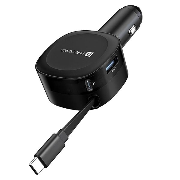 Portronics 60W Car Charger | 3-in-1 with Retractable Cable | Fast charging for multiple devices | Compact design | Ideal for travel | Durable and efficient | Keep your devices powered on the go!