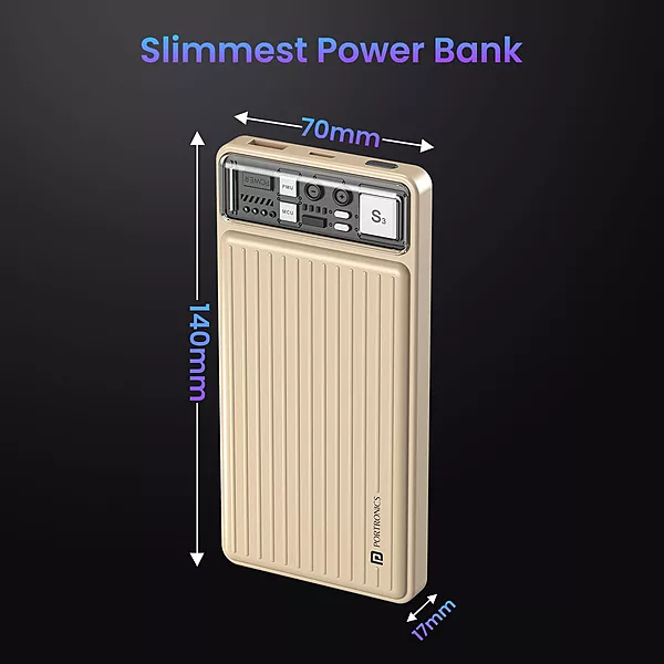 Portronics Luxcell – 10K Power Bank, LED Indicator, Dual Output USB-A & Type-C, Compact Design, Lightweight, Ideal for Travel, Fast Charging, Durable Build, Stylish Yellow Finish.