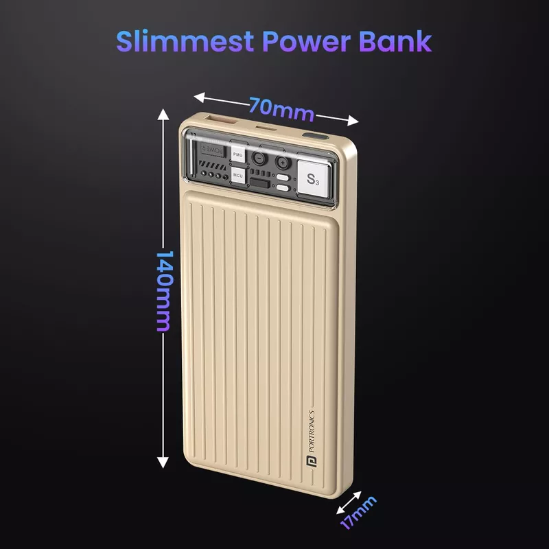 Portronics Luxcell – 10K Power Bank, LED Indicator, Dual Output USB-A & Type-C, Compact Design, Lightweight, Ideal for Travel, Fast Charging, Durable Build, Stylish Yellow Finish.