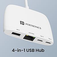 Portronics Mport 41 – A versatile 4-in-1 USB-C Hub featuring Gigabit LAN, HDMI, USB 3.0, and SD card reader. Perfect for expanding connectivity for laptops and tablets with USB-C ports.