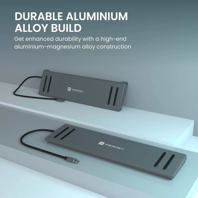 Portronics Mport 13C 13-in-1 USB-C Hub – Grey offers versatile connectivity with multiple ports including HDMI, USB-A, and SD card slots, perfect for expanding your device's capabilities.