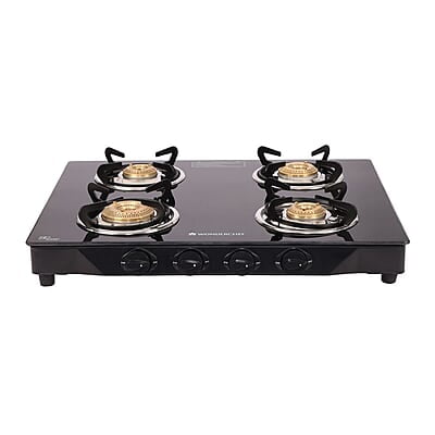 Wonderchef Glory 4 Burner Glass Cooktop, Black 8mm Toughened Glass Ergonomic Knobs Ergonomic Knobs