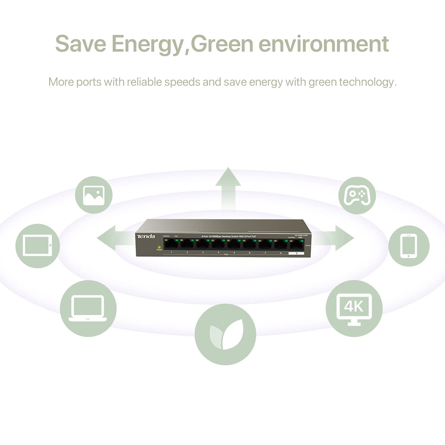 Tenda TEF1109P-8-63W 9-Port Desktop Switch With 8-Port PoE
