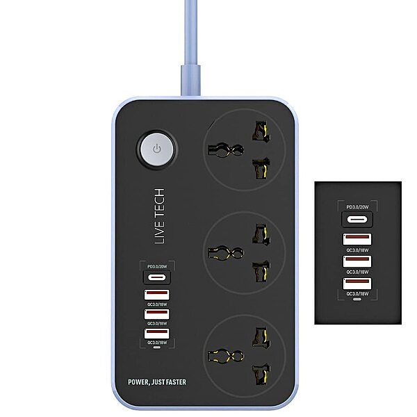 Live Tech PS 06C Surge Protector – Fast Charge Strip offers 6 AC outlets and 2 USB ports for quick charging. Protects devices from surges with a compact design, ideal for home or office use.