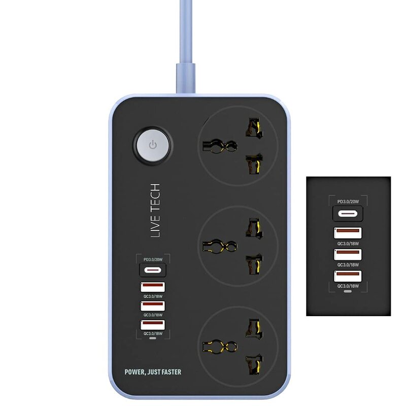 Live Tech PS 06C Surge Protector – Fast Charge Strip offers 6 AC outlets and 2 USB ports for quick charging. Protects devices from surges with a compact design, ideal for home or office use.