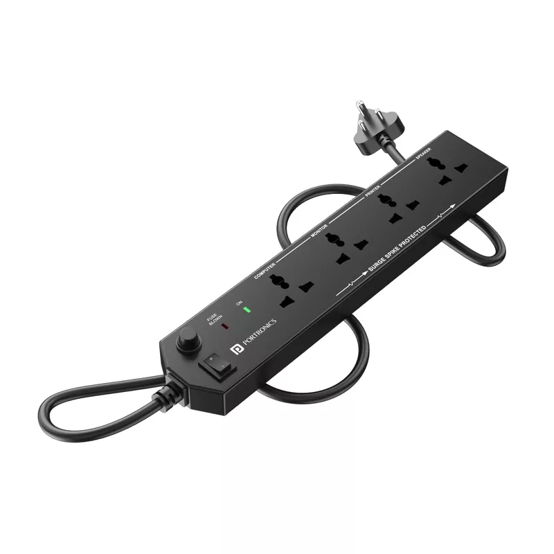 Portronics Power Plate 10 Extension Board – 4 Sockets, 2m Cord, 1500W, 6A, Black