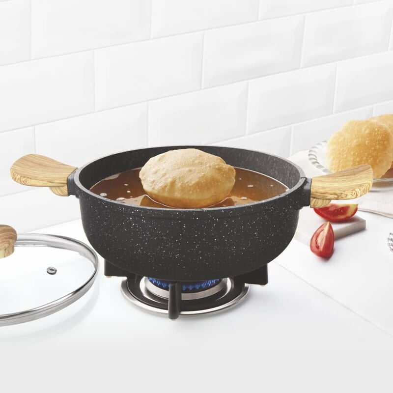 Borosil Vajra Die-Cast Non-Stick Aluminium Kadhai with Lid, Deep Rounded Bottom, Induction Base, Black with Wooden Handles, 2 L