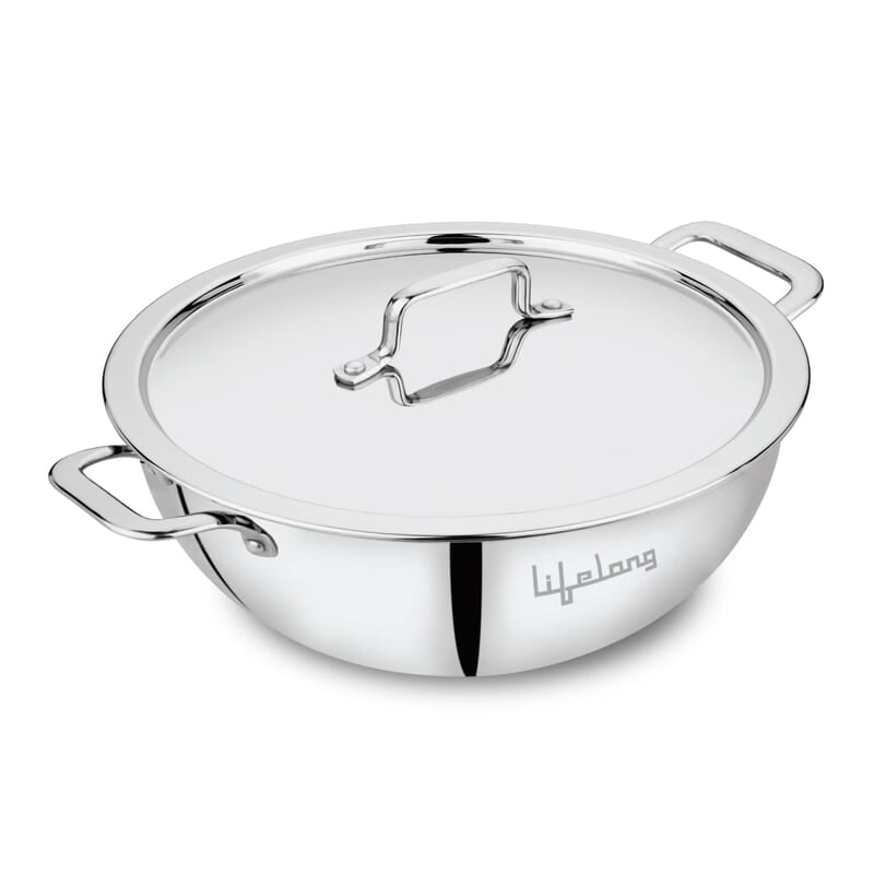 Lifelong Triply Extra Deep Kadai with Stainless Steel Lid 4.5 litres Capacity with Riveted Handles 28 cm