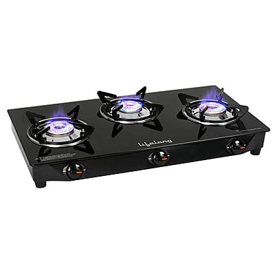 Lifelong 3 Burner Gas Stove Top for Kitchen - Manual Ignition Cooktop Modern Glass Stove for Modular Kitchen, ISI Certified