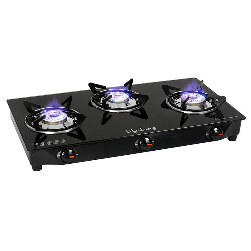 Lifelong 3 Burner Gas Stove Top for Kitchen - Manual Ignition Cooktop Modern Glass Stove for Modular Kitchen, ISI Certified