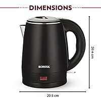 Borosil 1.2L 1350W Cooltouch Multipurpose Electric Kettle | Auto Shut off | Wide Mouth | 304 Food Grade Stainless Steel with Double Wall Cooltouch Exterior | 2 year Warranty | Black