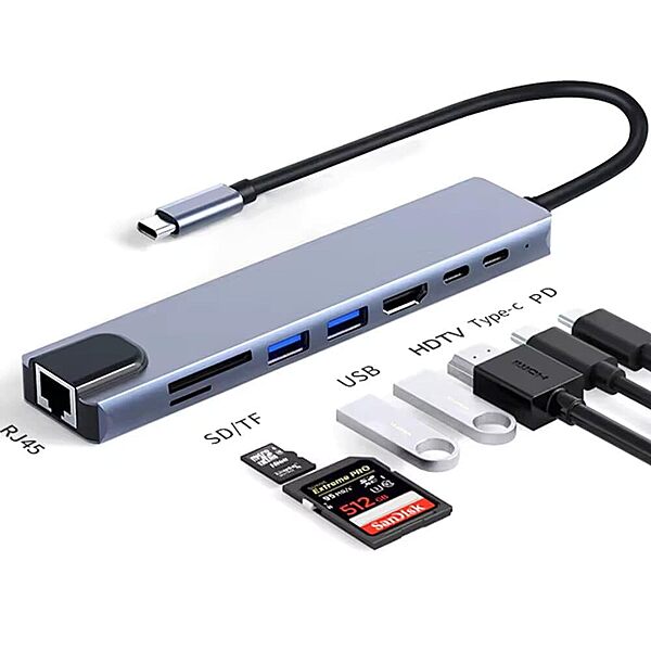 Hammok-SMASH 8-in-1 USB-C Hub: Connect with ease! Features RJ45 for stable internet, HDMI for 4K display, plus multiple USB ports. Perfect for expanding your device's capabilities on the go!