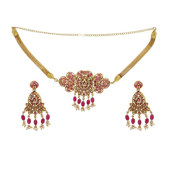 SRIMATHI JEWELLERS Floral design choker set | Fashion jewelley for womens | Pink color choker necklace