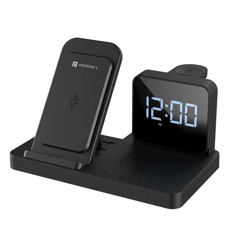 Portronics Bella – 15W 3-in-1 Wireless Charger for Apple Devices, designed for seamless charging of iPhone, AirPods, and Apple Watch. Compact, stylish, and efficient for your tech needs.