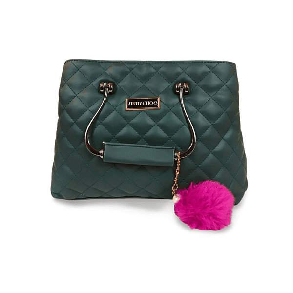 Dark Green Quilted Handbag with Pink Fur Charm