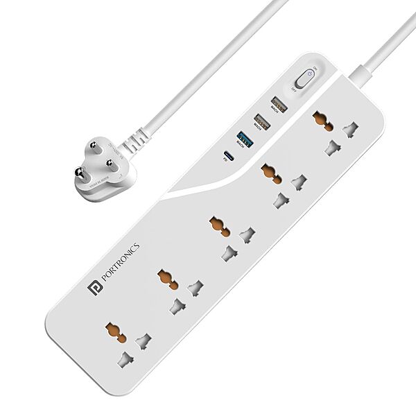 Portronics Power Plate 22 – 5 Sockets, 4 USB Ports, 20W PD Fast Charging, 3m Long Cord, Surge Protection, Compact Design, Ideal for Home/Office, Overload Protection, Easy to Use.